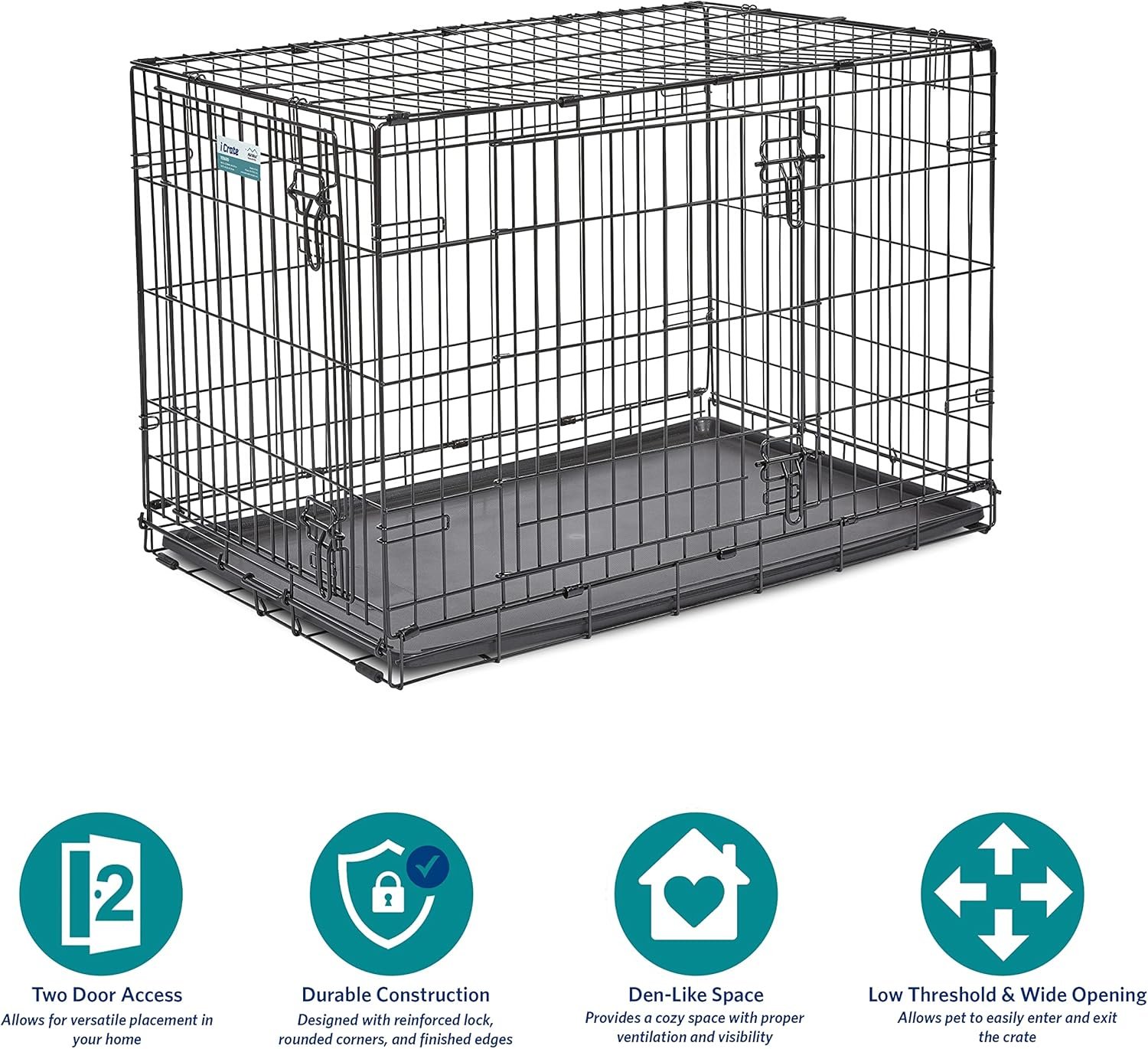 MidWest Homes for Pets 36-Inch Two-Door iCrate Folding Dog Crate with Divider Panel, Leak-Proof Tray & Secure Latches – Metal Wire Kennel for M-L Breeds – Portable, Durable & Easy to Assemble - Image 3