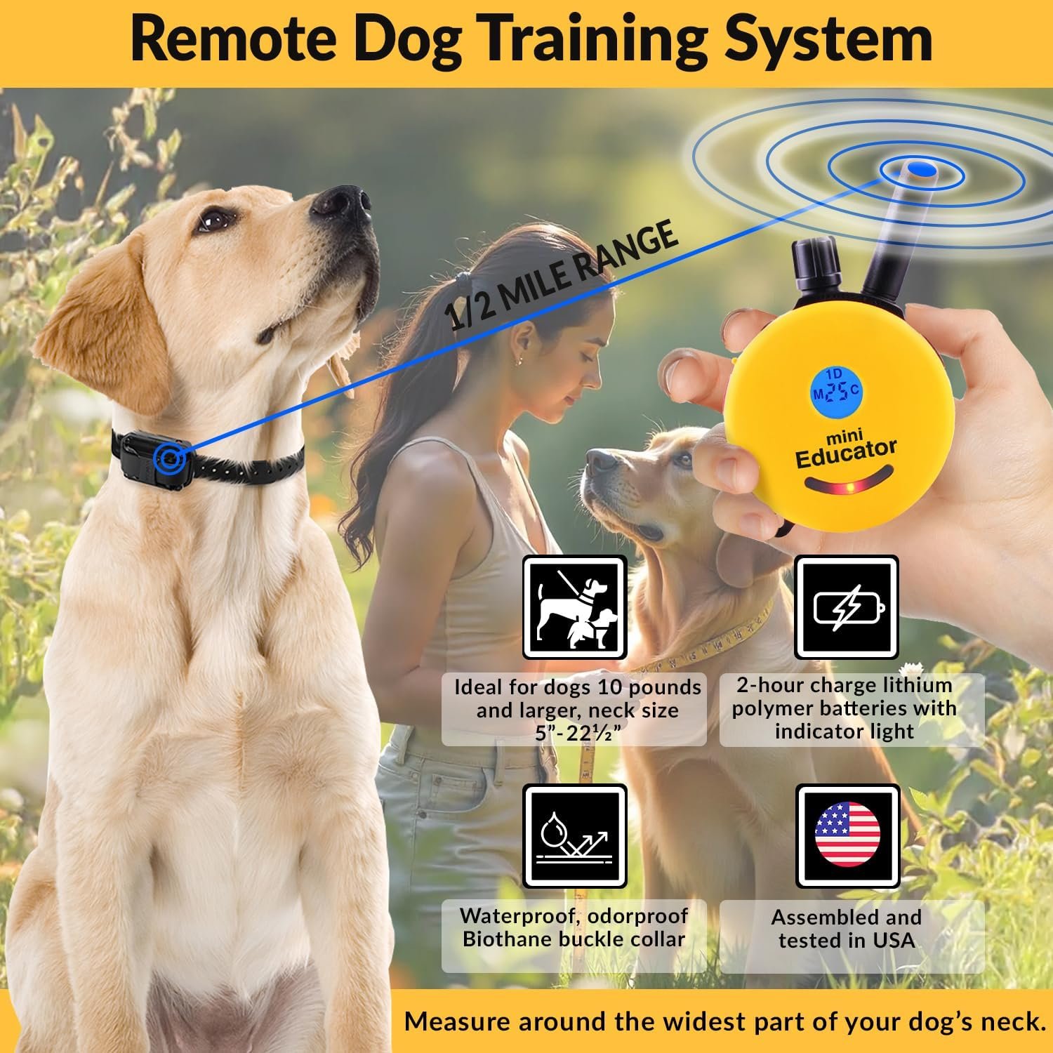 Educator 1/2 Mile Remote Dog Training System Plus E-Collar 101 Training DVD, Safe Humane Stimulation, Pavlovian Tone, Waterproof, Odorproof Biothane Collar, Night Light, Rechargeable, 1 Dog, Yellow - Image 3