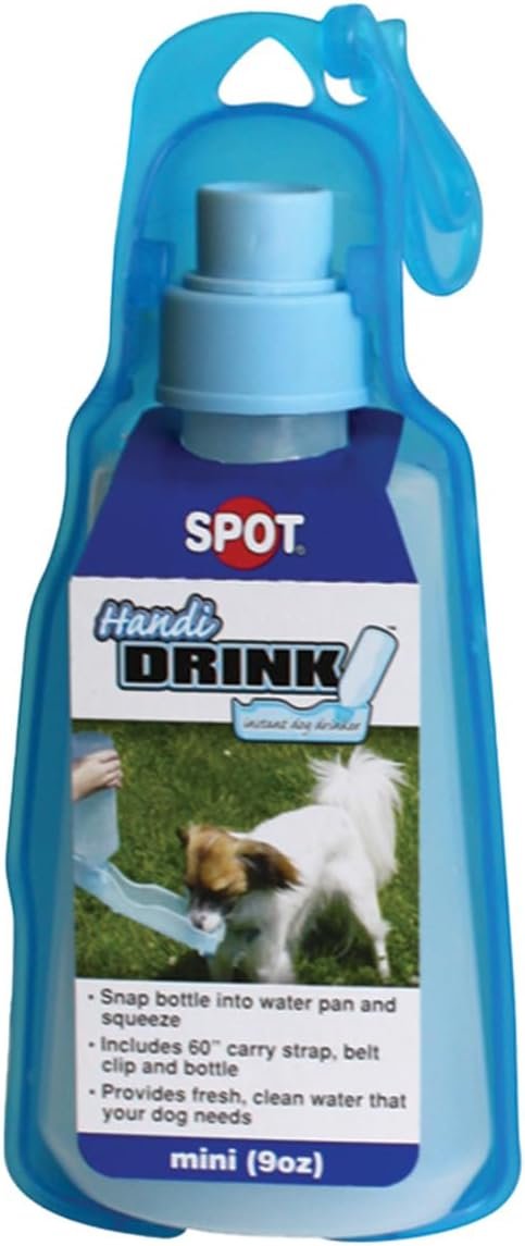 SPOT Pet Handi-Drink Mini Water Bottle – 9oz Travel Dog & Cat Water Dispenser with Fold-Out Trough, Sport Belt Clip & 60-Inch Carry Strap – Portable, Leak-Proof Hydration for Walks & Travel