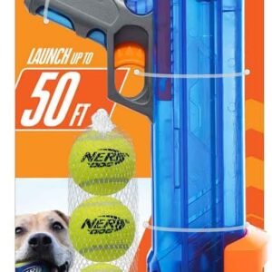 Nerf Dog Tennis Ball Blaster Dog Toy Gift Set, Tennis Ball Dog Fetch Toy Launches up to 50 ft, Dog Ball Thrower for All Breeds Includes Translucent Blue Tennis Ball Launcher and 3 Dog Tennis Balls