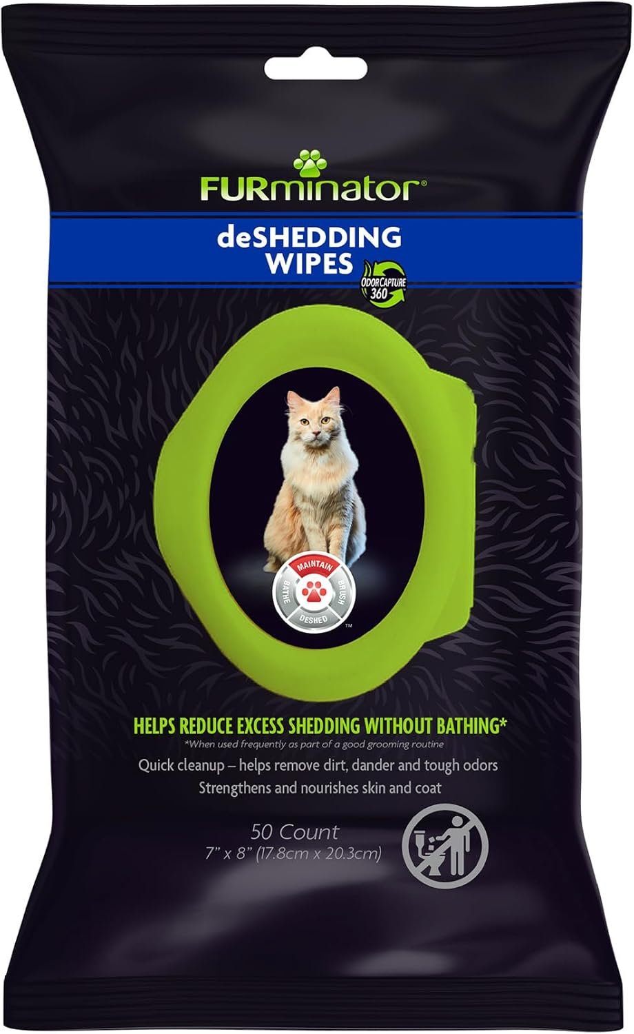 Furminator DeShedding Grooming Wipes for Cats Refresh and Deodorize Coat Without Bathing, 50 Count