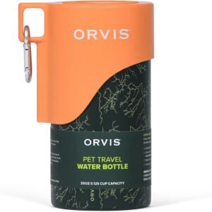 Orvis Dog Travel Water Bottle, 25oz Capacity | Portable Pet Waterer with Built-in Bowl | Stainless Steel, High Visibility Orange Lid