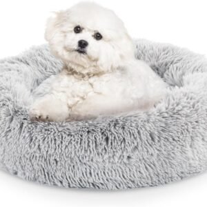 FluffyDream 24 Inch Donut Dog Bed, Calming Plush Fur Cuddle Bed for Dogs and Cats, Grey Washable Round