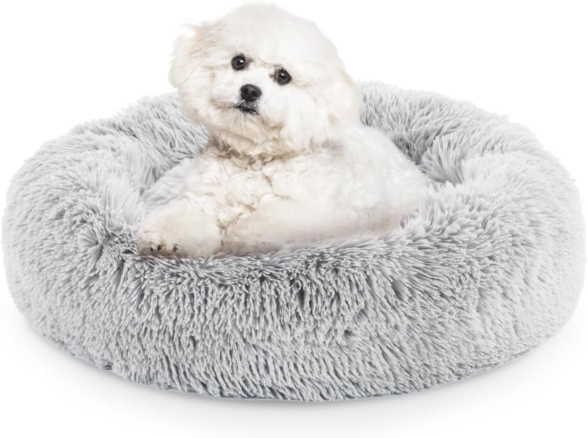 FluffyDream 24 Inch Donut Dog Bed, Calming Plush Fur Cuddle Bed for Dogs and Cats, Grey Washable Round