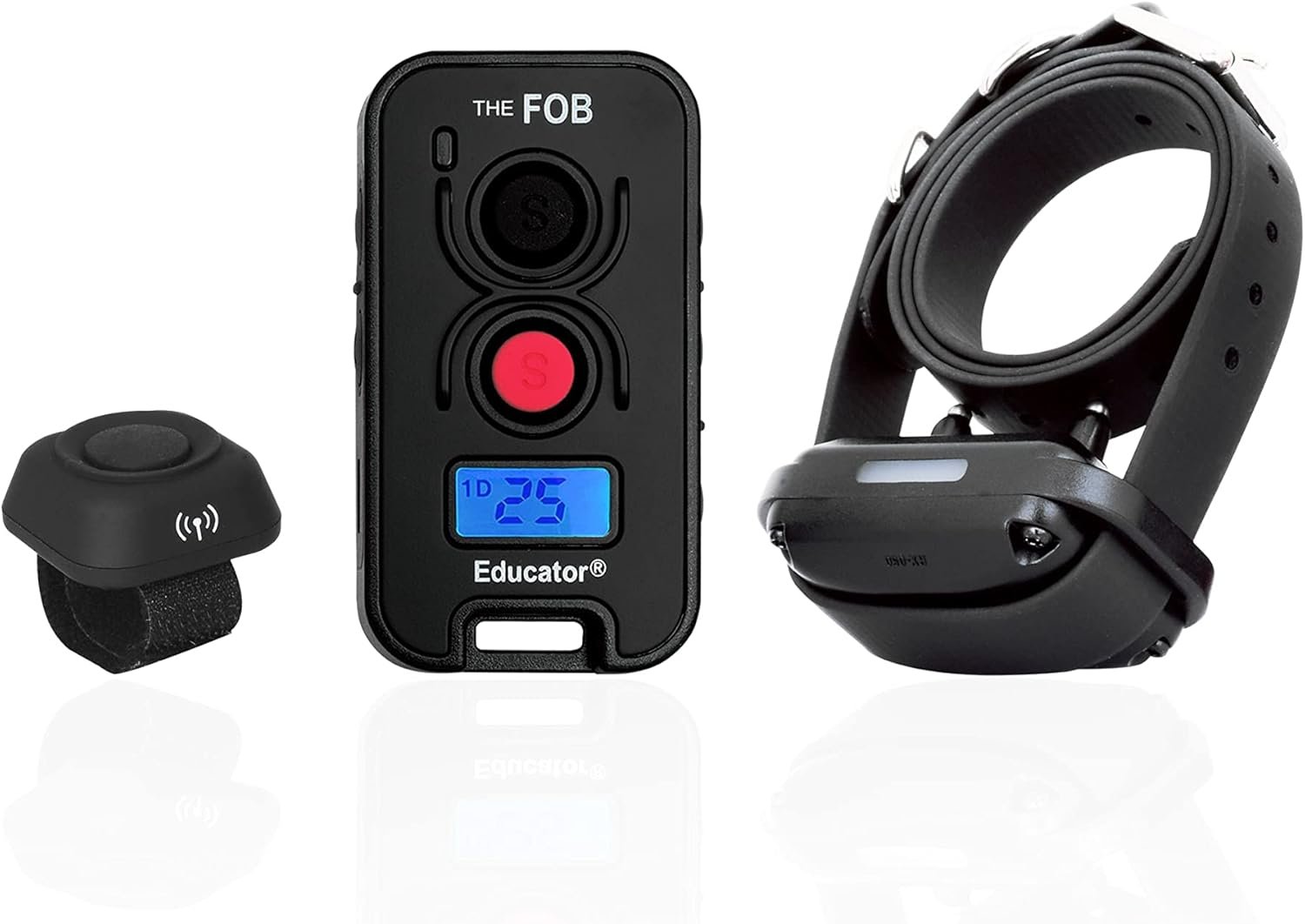 Educator FOB 300 Yard Dog Training Collar with Remote and Finger Button, Humane Stimulation, Pavlovian Tone, Waterproof, Odorproof Biothane Collar, Night Light, Rechargeable, 1 Dog (USA Only), Black