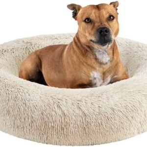 Friends Forever Serena Donut Memory Foam Orthopedic Dog Bed, Soft Faux Fur Oval Cat Couch For Indoor Pet, Fluffy Calming Plush Shag, Round Bolster Cushion, Machine Washable Cuddler, Tan, 36"x27"x7.5"