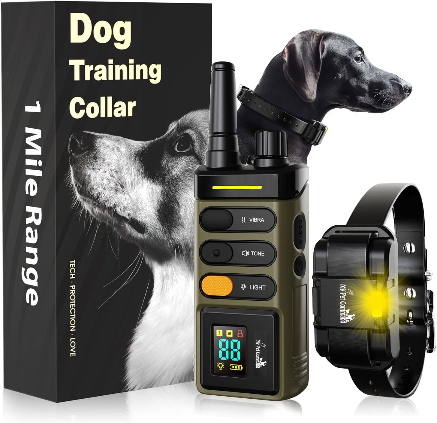 My Pet Command Long Range Dog Training Collar with Remote 1 Mile/5280 Ft Safe Shock, Vibrate, Tone collar with Flashing Beacon Lights Rechargeable Waterproof Dog collar with remote add Up to 2 Collars