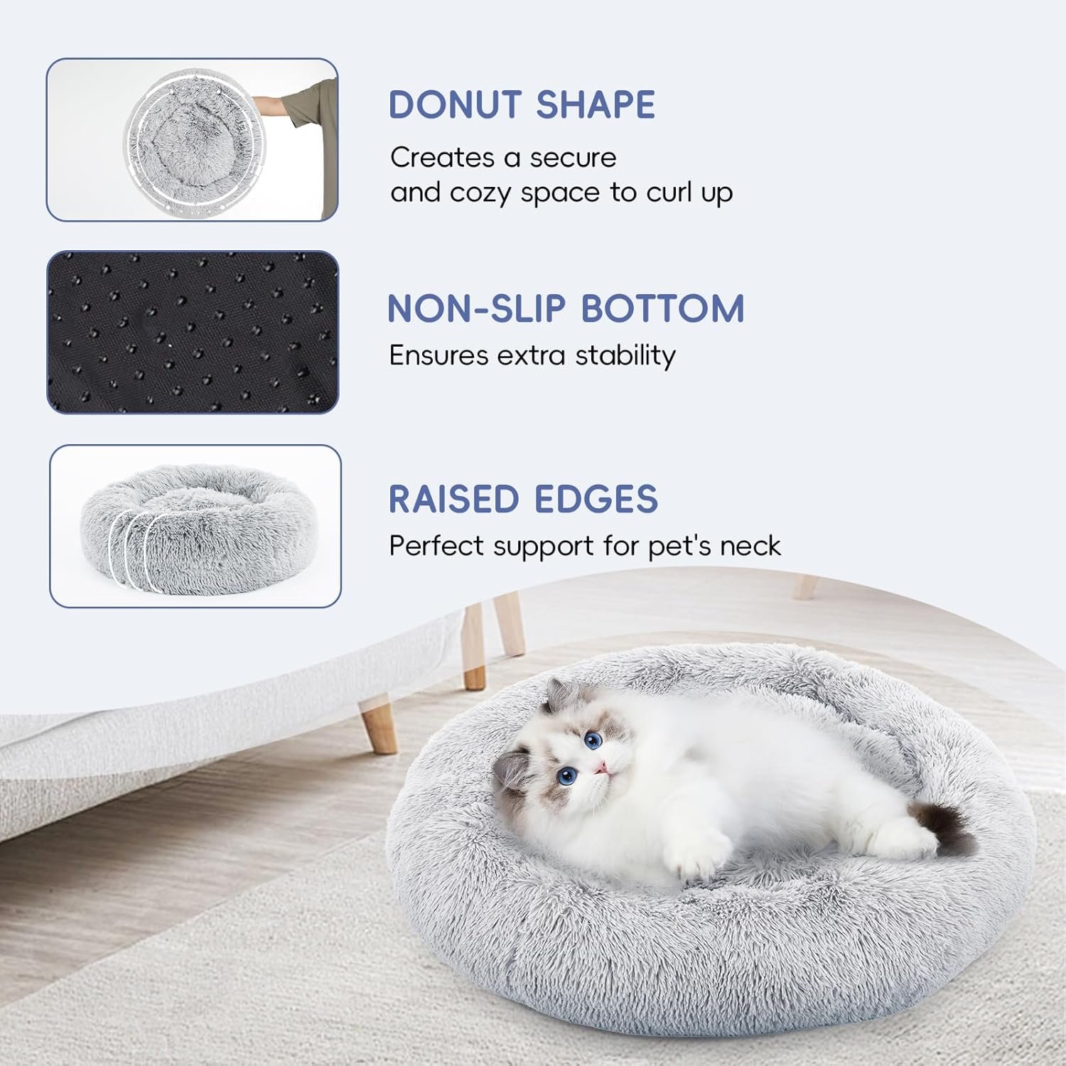 FluffyDream 24 Inch Donut Dog Bed, Calming Plush Fur Cuddle Bed for Dogs and Cats, Grey Washable Round - Image 4