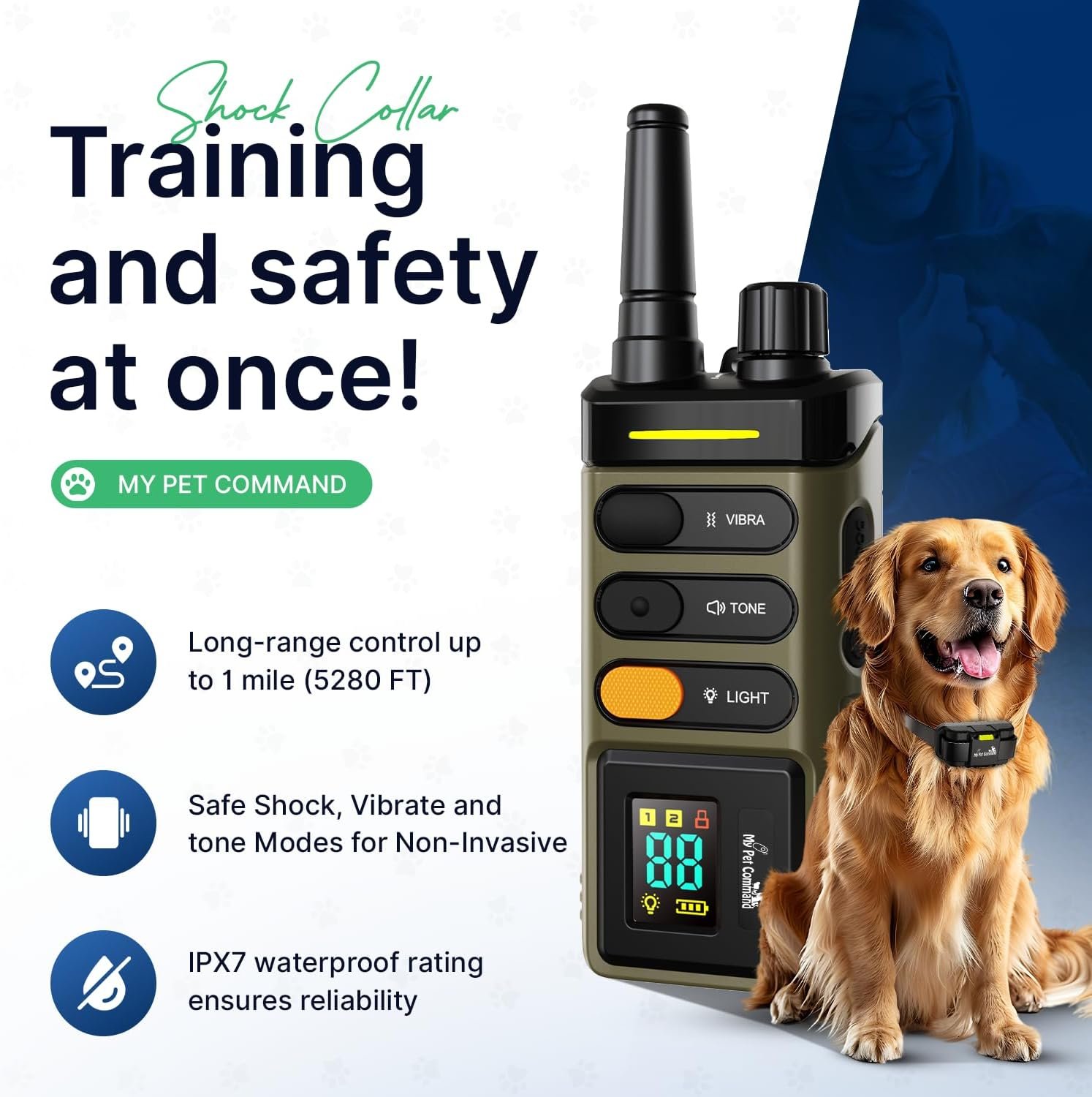 My Pet Command Long Range Dog Training Collar with Remote 1 Mile/5280 Ft Safe Shock, Vibrate, Tone collar with Flashing Beacon Lights Rechargeable Waterproof Dog collar with remote add Up to 2 Collars - Image 2