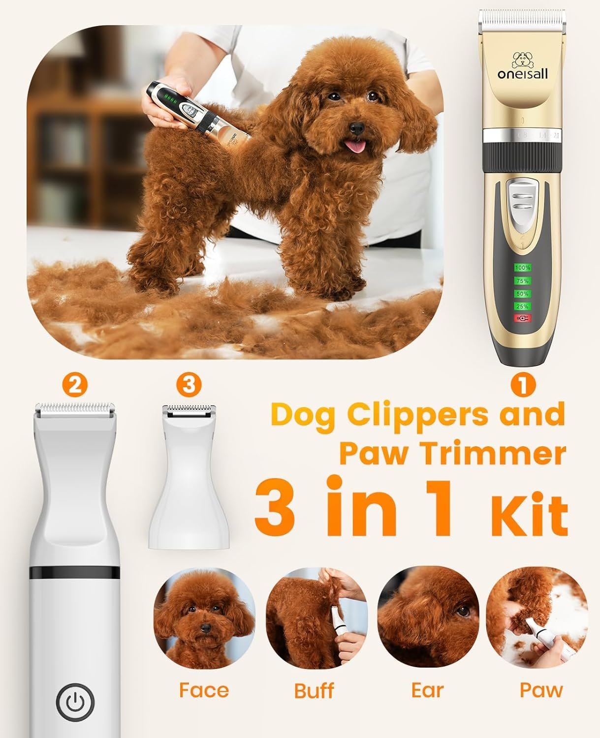oneisall Dog Clippers and Paw Trimmer Kit 2 in 1 Low Noise Cordless Dog Clippers for Grooming Pet Hair Trimmers for Small and Large Dogs Cats Animals - Image 2