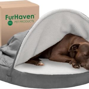 Furhaven 35" Round Cooling Gel Dog Bed for Large/Medium Dogs w/ Removable Washable Cover, For Dogs Up to 50 lbs - Sherpa & Suede Snuggery - Gray, 35-inch