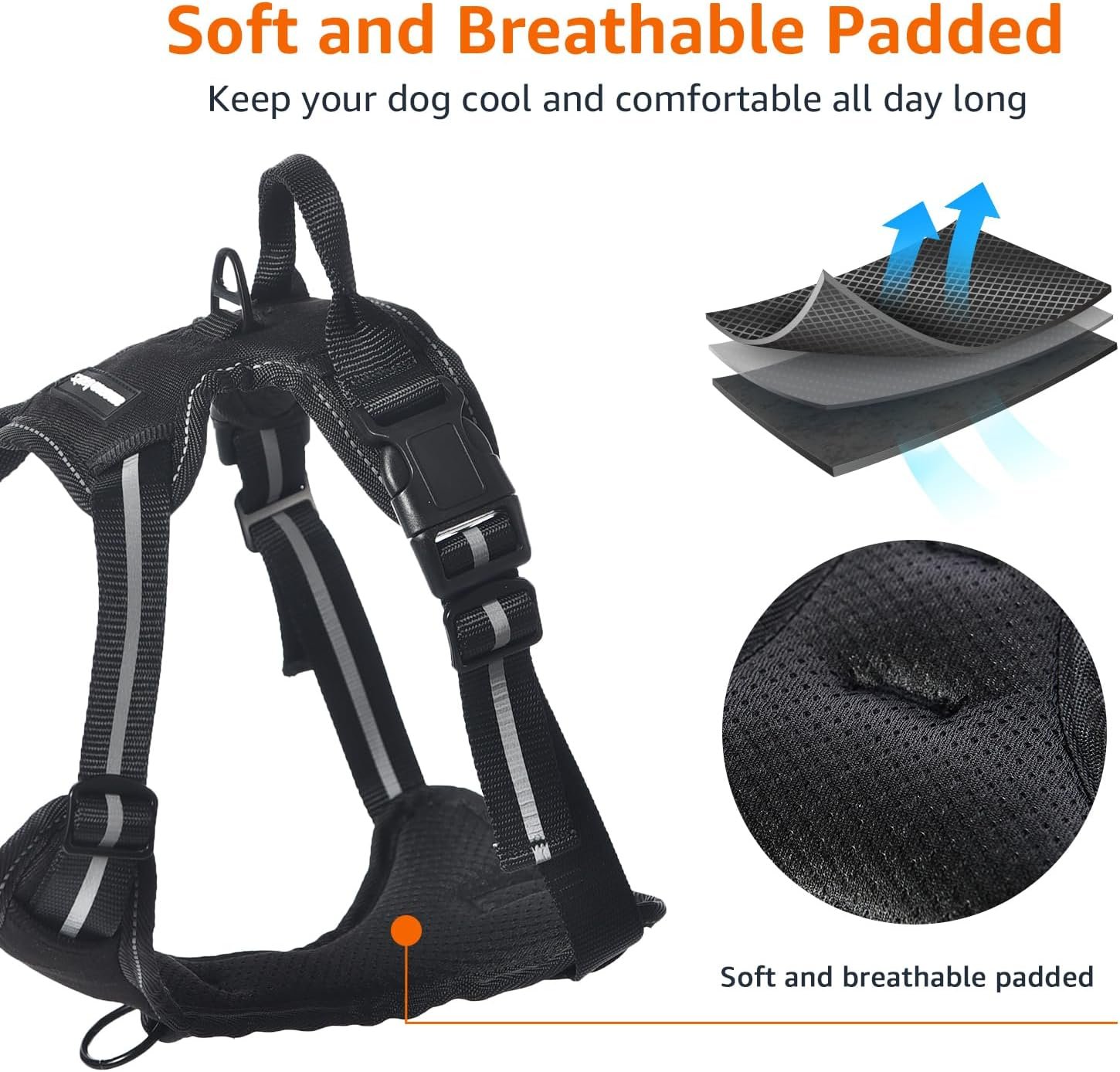 Amazon Basics No-Pull Dog Harness, Adjustable Soft Padded Vest with Reflective Stripes, Large, Black - Image 2