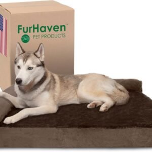Furhaven Memory Foam Dog Bed for Large Dogs w/ Removable Bolsters & Washable Cover, For Dogs Up to 95 lbs - Plush & Velvet L Shaped Chaise - Sable Brown, Jumbo/XL