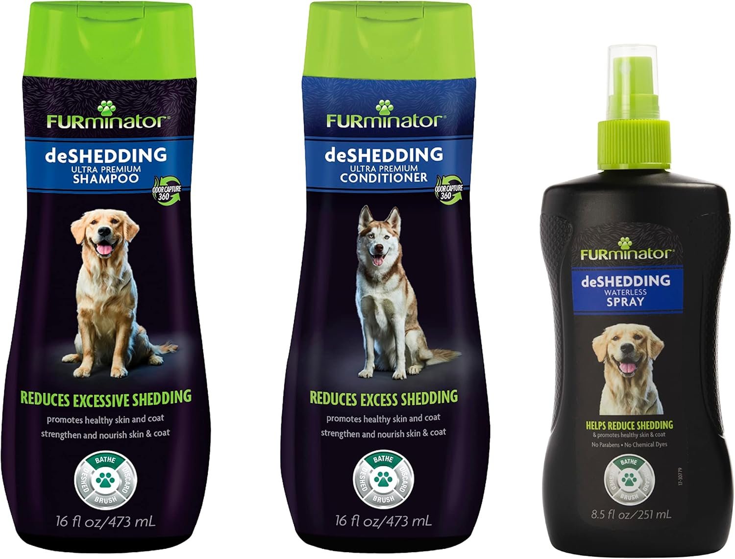 FURminator deShedding Kit, deShedding Shampoo, deShedding Conditioner, deShedding Waterless Spray, For Dogs, 40.5 oz (Set of 3)