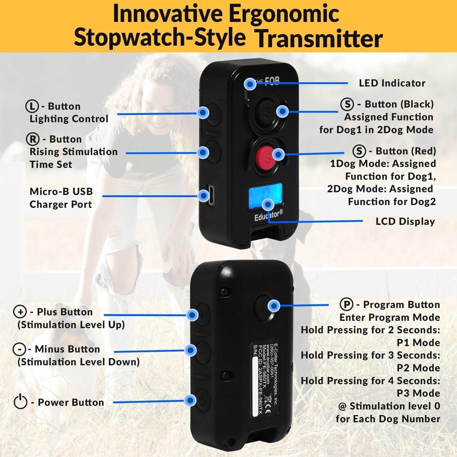 Educator FOB 300 Yard Dog Training Collar with Remote and Finger Button, Humane Stimulation, Pavlovian Tone, Waterproof, Odorproof Biothane Collar, Night Light, Rechargeable, 1 Dog (USA Only), Black - Image 4