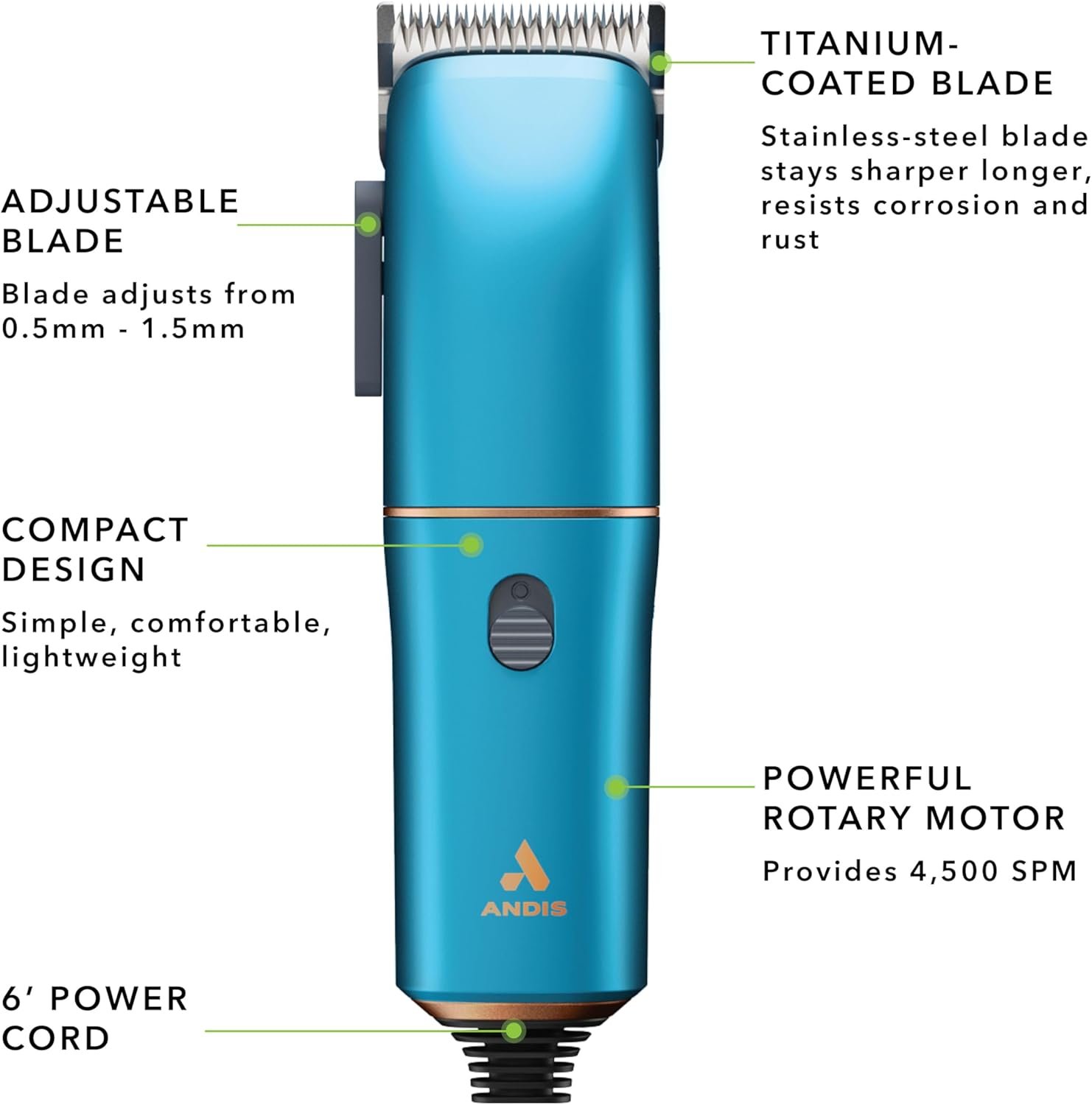 Andis Easy Clip Adjustable Blade Corded Dog Clipper, 11 Piece Kit, Lightweight, Powerful Motor, Blue, 560814 - Image 4