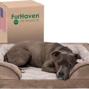 Furhaven Orthopedic Dog Bed for Large/Medium Dogs w/ Removable Bolsters & Washable Cover, For Dogs Up to 55 lbs - Plush & Velvet Waves Perfect Comfort Sofa - Brownstone, Large