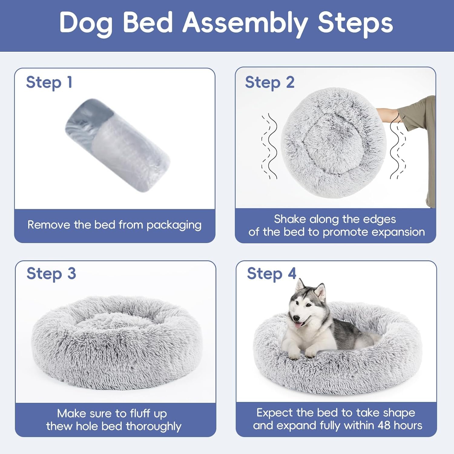 FluffyDream 24 Inch Donut Dog Bed, Calming Plush Fur Cuddle Bed for Dogs and Cats, Grey Washable Round - Image 6