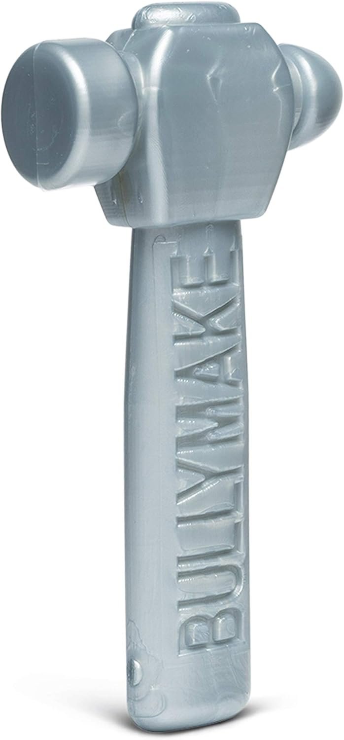 BULLYMAKE Silver Tough Chew Hammer Toy for Dogs, Durable Nylon Dog Toys for Aggressive Chewers, Dental Stimulating, Made in USA