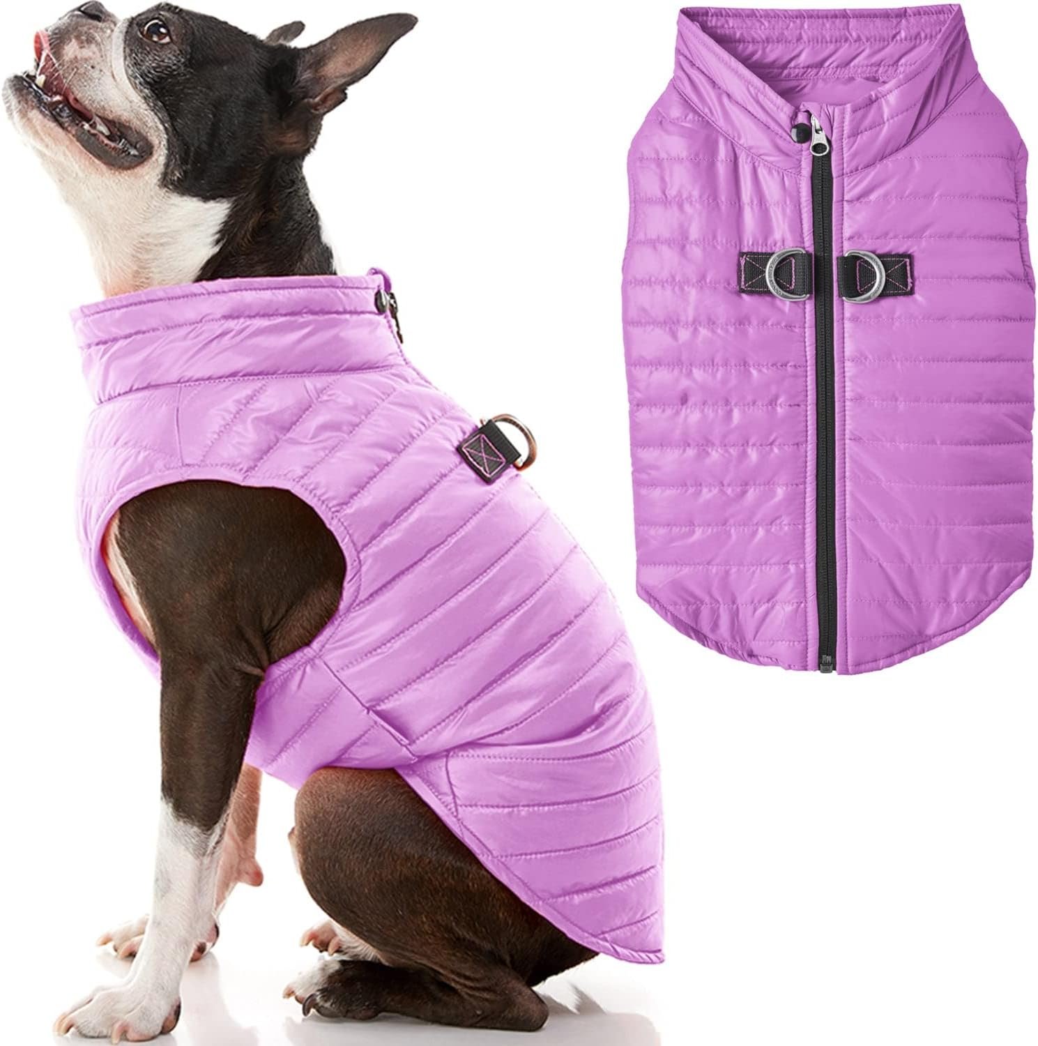 Gooby Puffer Vest Dog Jacket - Purple, Large - Ultra Thin Zip Up Wind Breaker with Dual D Ring Leash - Water Resistant Small Dog Sweater Coat - Dog Clothes for Small Dogs Boy or Medium Dogs, (20.75")