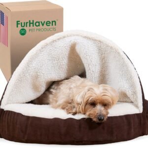 Furhaven 26" Round Memory Foam Dog Bed for Medium/Small Dogs w/ Removable Washable Cover, For Dogs Up to 30 lbs - Sherpa & Suede Snuggery - Espresso, 26-inch