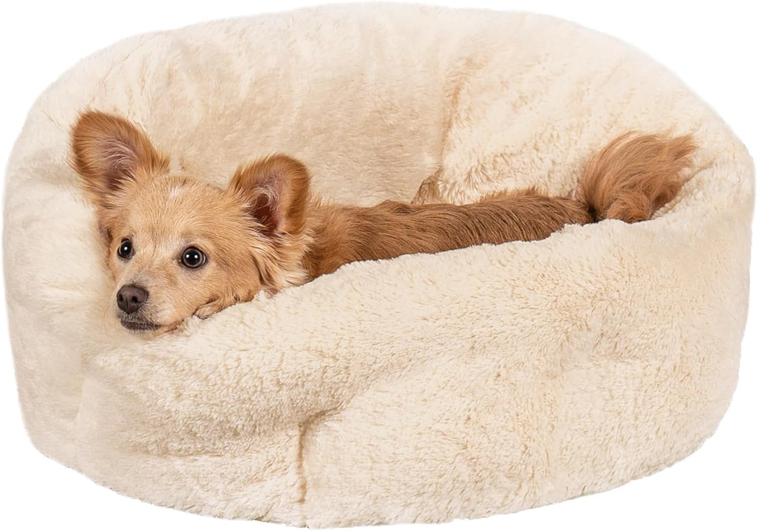 Furhaven 20" Round Self-Warming Pet Bed for Indoor Cats & Small Dogs, 100% Washable, For Pets Up to 20 lbs - Hi Lo Plush Luxe Faux Fur Cuddler - Cream, Small