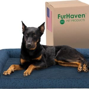 Furhaven Orthopedic Dog Bed for Large Dogs w/ Removable Bolsters & Washable Cover, For Dogs Up to 95 lbs - Plush & Almond Print L Shaped Chaise - Blue Almonds, Jumbo/XL
