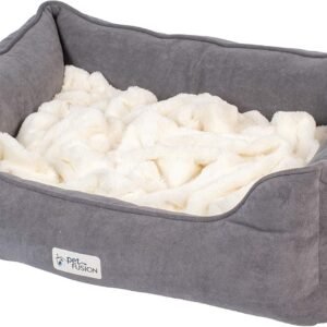 PetFusion Calming Cuddler Dog & Cat Bed | Anti-Anxiety Dog Bed for Medium Dogs & Cats | Loose Blanket Promotes Burrowing (Dogs) & Kneading (Cats) | CertiPUR-US Memory Foam | Grey/Ivory