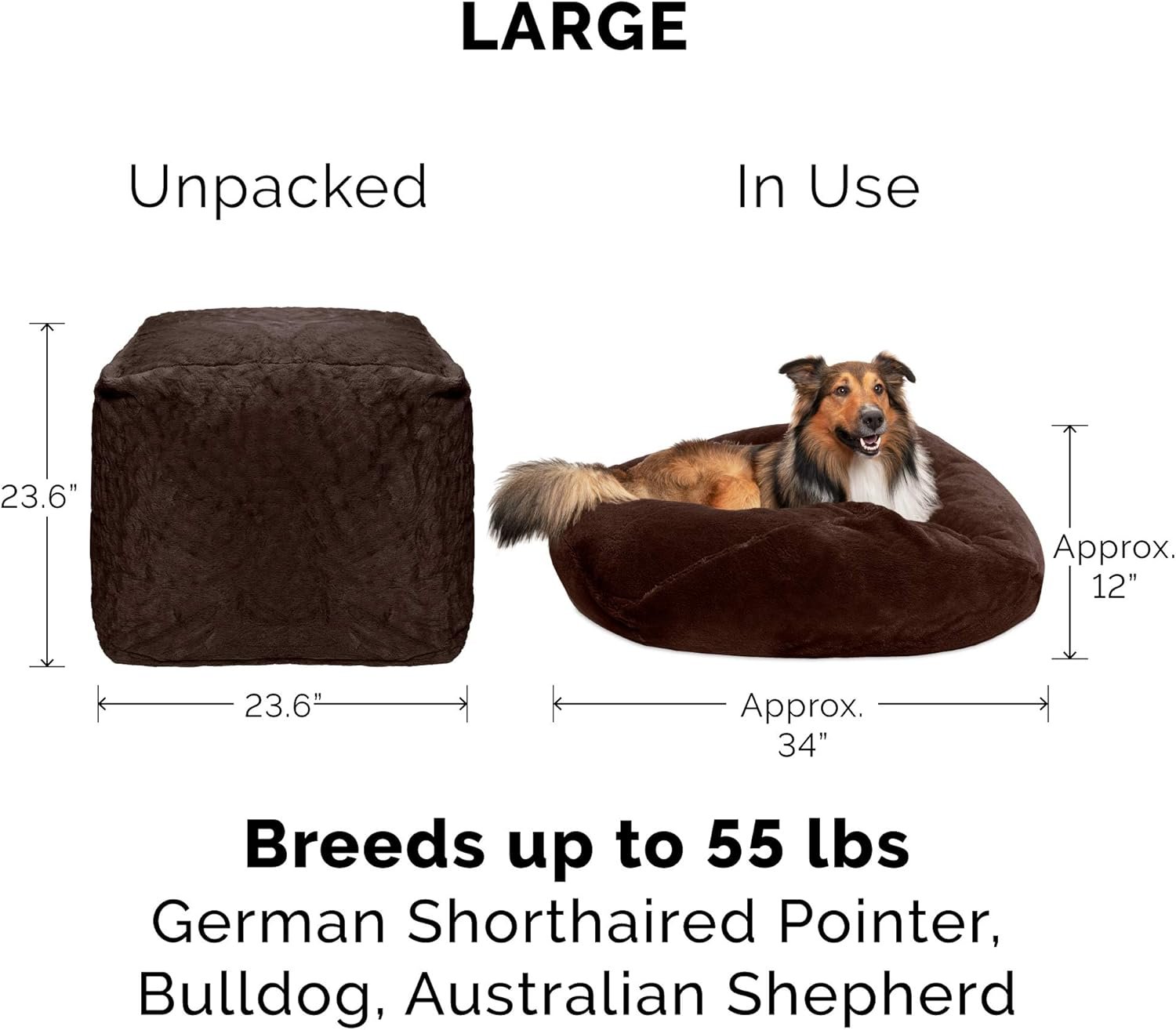 Furhaven Soft & Cozy Dog Bed for Large/Medium Dogs, Refillable w/ Removable Washable Cover & Liner, For Dogs Up to 55 lbs - Plush Faux Fur Bean Bag Style Ball Bed - Espresso, Large - Image 2