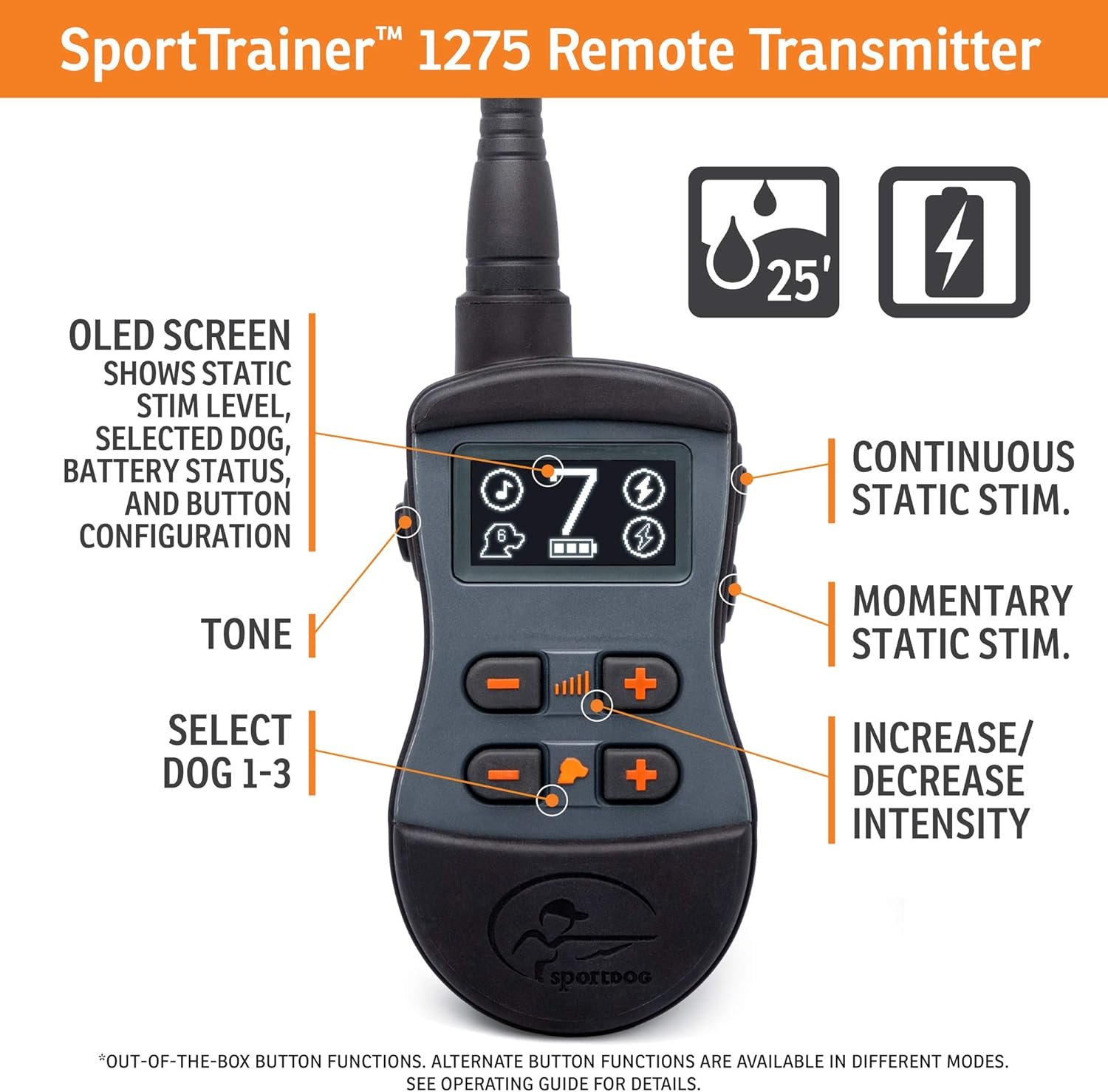 SportDOG Brand SportTrainer 1275 Remote Trainer - Bright, Easy to Read OLED Screen - 3/4 Mile Range - Waterproof, Rechargeable Dog Training Collar with Tone, Vibration, and Static, Black - Image 3