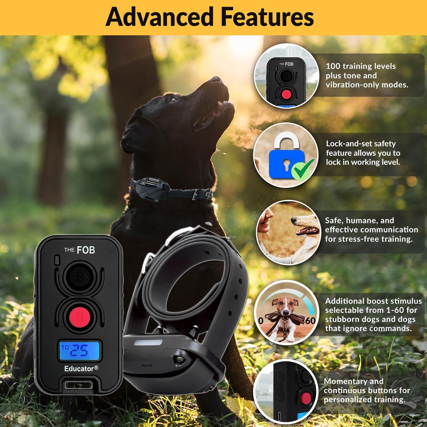 Educator FOB 300 Yard Dog Training Collar with Remote and Finger Button, Humane Stimulation, Pavlovian Tone, Waterproof, Odorproof Biothane Collar, Night Light, Rechargeable, 1 Dog (USA Only), Black - Image 2