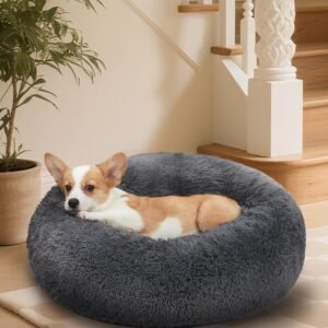 OhGeni Calming Donut Dog Bed Pillow for Medium Pets, Machine Washable Removable Cover, Comfort Plush Fluffy Faux Fur with Anti-Slip Bottom, Cats-Friendly Round Cuddly Design, Gray, 30 inches