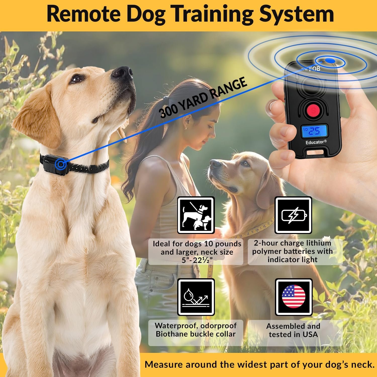 Educator FOB 300 Yard Dog Training Collar with Remote and Finger Button, Humane Stimulation, Pavlovian Tone, Waterproof, Odorproof Biothane Collar, Night Light, Rechargeable, 1 Dog (USA Only), Black - Image 3
