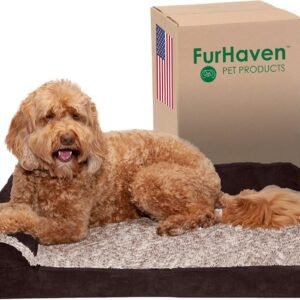 Furhaven Orthopedic Dog Bed for Large/Medium Dogs w/ Removable Bolsters & Washable Cover, For Dogs Up to 55 lbs - Two-Tone Plush Faux Fur & Suede L Shaped Chaise - Espresso, Large