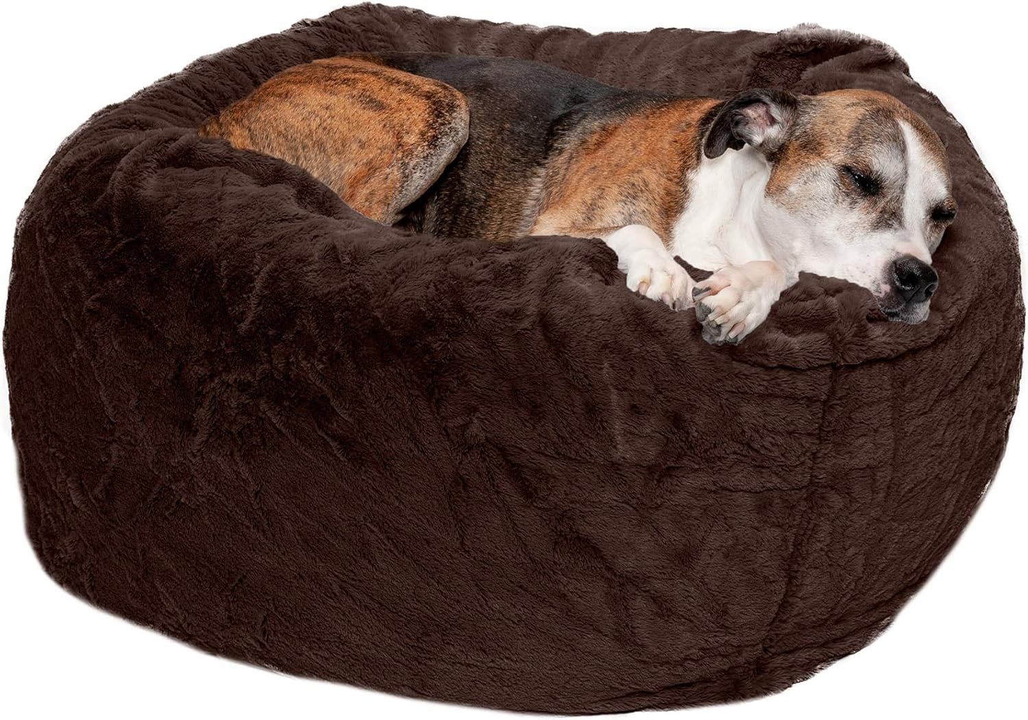 Furhaven Soft & Cozy Dog Bed for Large/Medium Dogs, Refillable w/ Removable Washable Cover & Liner, For Dogs Up to 55 lbs - Plush Faux Fur Bean Bag Style Ball Bed - Espresso, Large