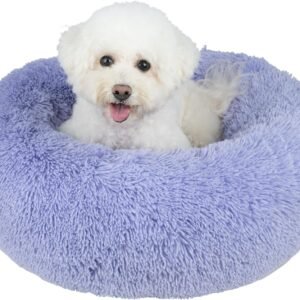 Best Pet Supplies Round Donut Dog Bed with Plush Faux Fur Fabric, Calming, Anti-Anxiety Cushion for Indoor Pets, Slip-Resistant Base, Soft Ergonomic Support - Lavender, 24x24x7''