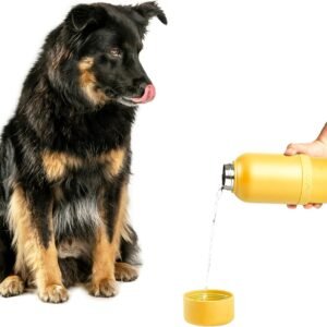 Ubbi Pup & Me Stainless Steel Insulated Portable 32 oz. Water Bottle for Dogs and Owners with Attached Dog Bowl, Yellow