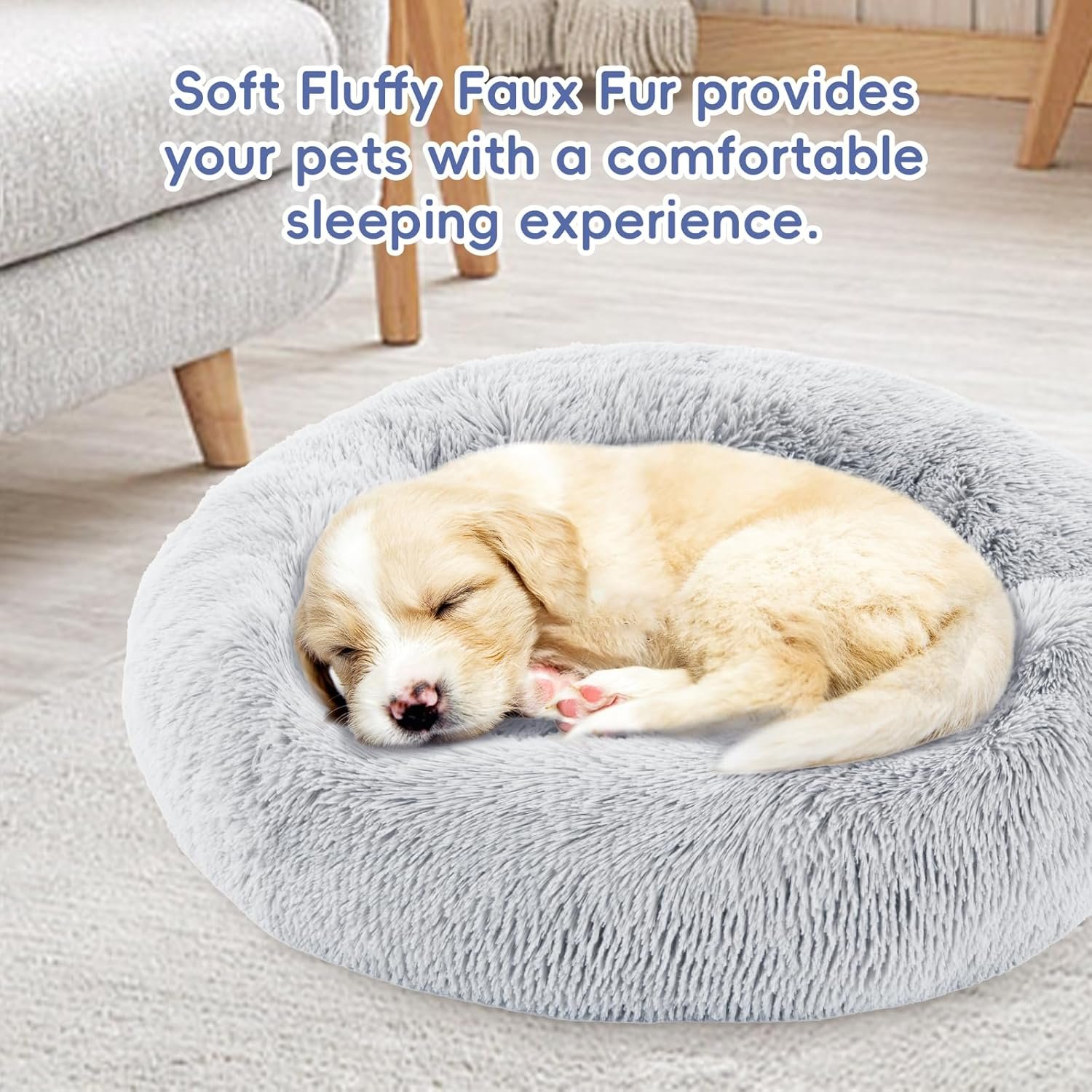 FluffyDream 24 Inch Donut Dog Bed, Calming Plush Fur Cuddle Bed for Dogs and Cats, Grey Washable Round - Image 5