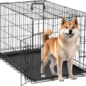 Simple Deluxe 30-Inch Medium Dog Crate with Divider, Double Door Folding Metal Wire Cage with Leak-Proof Plastic Tray, Portable Pet Kennel for Indoor, Outdoor, and Travel