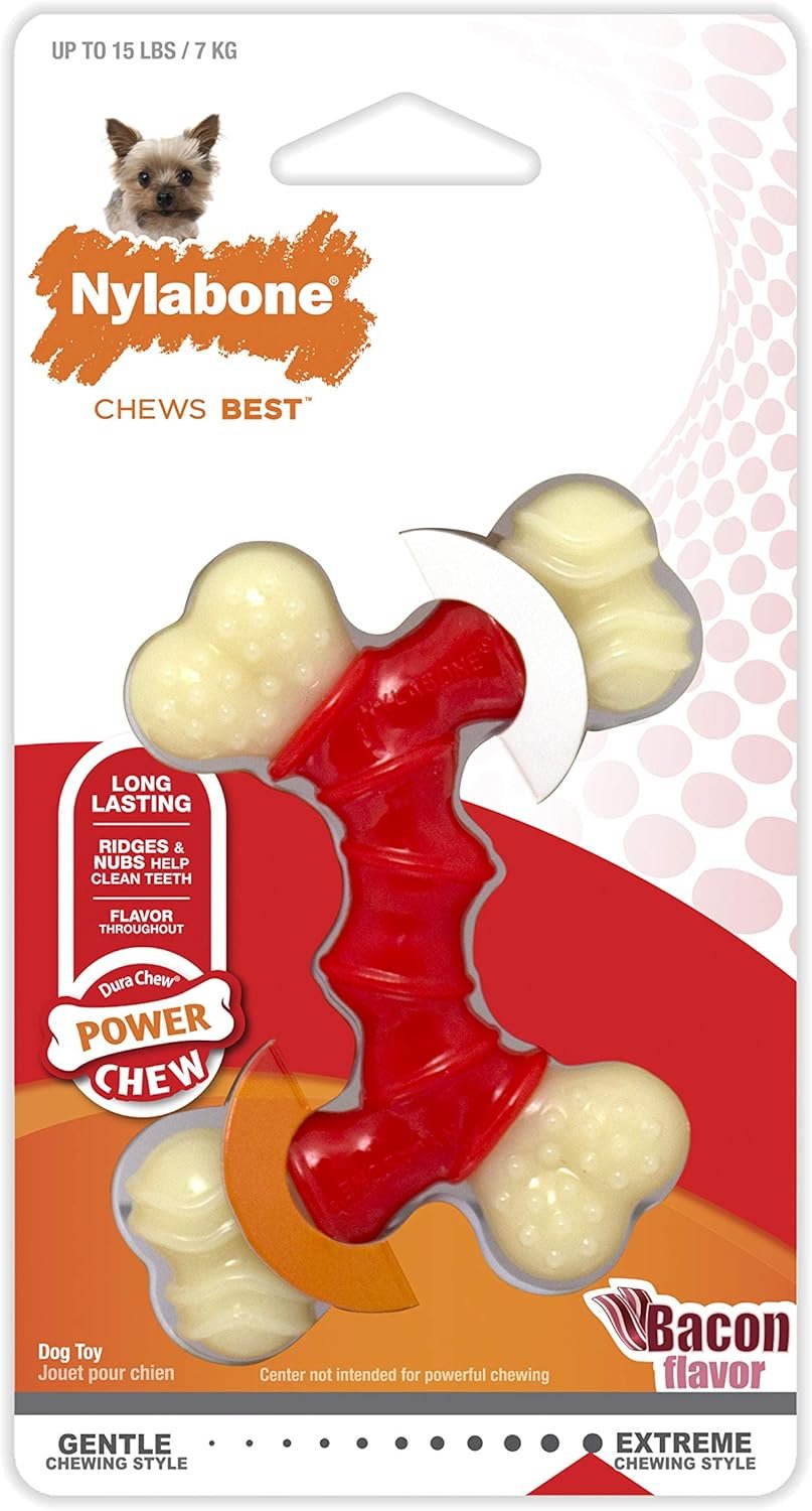 Nylabone Double Bone Power Chew Toy for Dogs, Dog Toys for Aggressive Chewers, Bacon Flavor, X-Small - Up to 15 lbs, 1 Count - Image 7