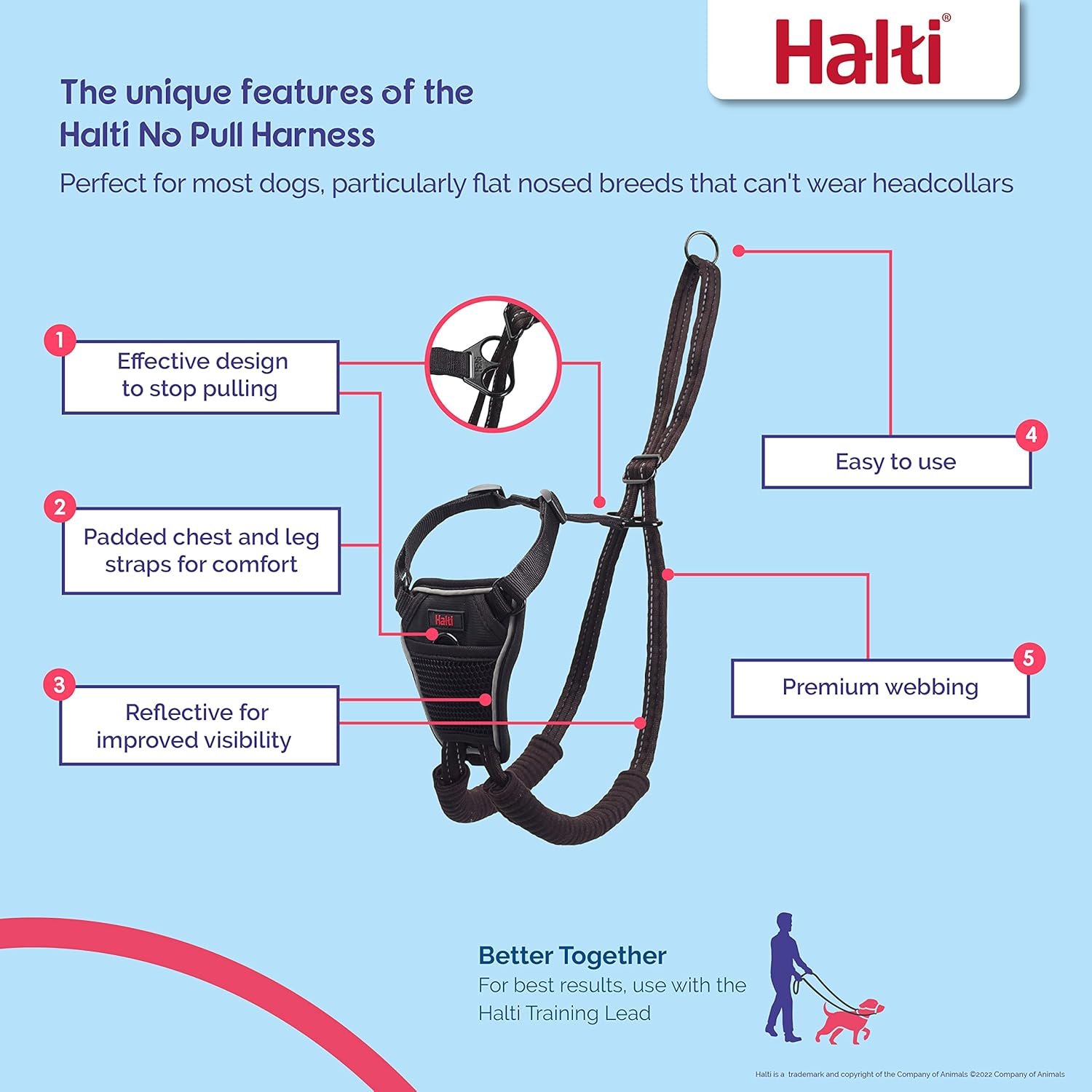 HALTI No Pull Harness Size Medium & HALTI Training Leash Size Large, Black Combination Pack - Stop Your Dog Pulling on The Leash. Adjustable, Lightweight and Easy to Use. Suitable for Medium Dogs - Image 2