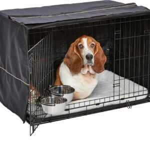 MidWest Homes for Pets Intermediate Double Door iCrate Starter Kit, 36-inch Dog Crate Bundle for Medium to Large Breeds, Includes Cage, Pet Bed, 2 Bowls and Privacy Cover