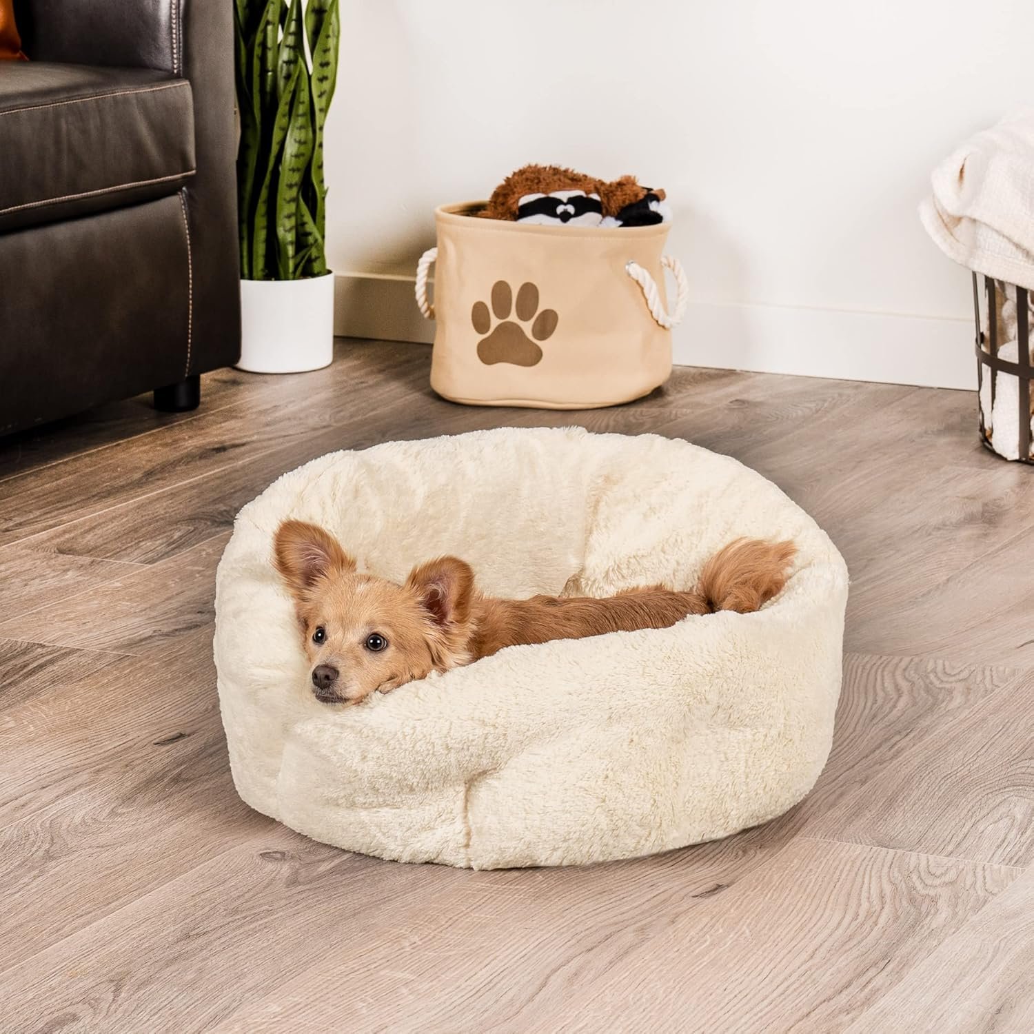Furhaven 20" Round Self-Warming Pet Bed for Indoor Cats & Small Dogs, 100% Washable, For Pets Up to 20 lbs - Hi Lo Plush Luxe Faux Fur Cuddler - Cream, Small - Image 3