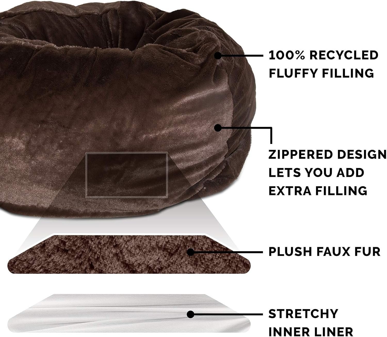 Furhaven Soft & Cozy Dog Bed for Large/Medium Dogs, Refillable w/ Removable Washable Cover & Liner, For Dogs Up to 55 lbs - Plush Faux Fur Bean Bag Style Ball Bed - Espresso, Large - Image 4