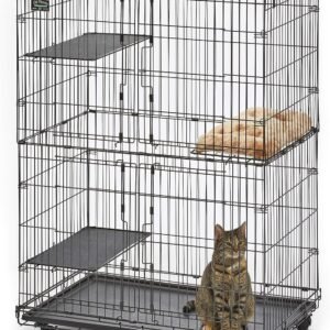 MidWest Homes for Pets Folding Metal Indoor Cat Playpen, Cage Includes Locking Wheels, 3 Platforms, Removable Tray, Plush Bed, Suited for 1–3 Cats