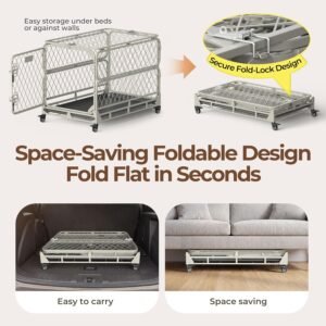 Alternative view of 42 Inch Collapsible Dog Crate for Large Dogs, Foldable Metal Dog Kennel with Reinforced Diamond Wire Mesh, Escape Proof Foldable Dog Cage, Leak-Proof Removable Tray, Double Secure Door Latch