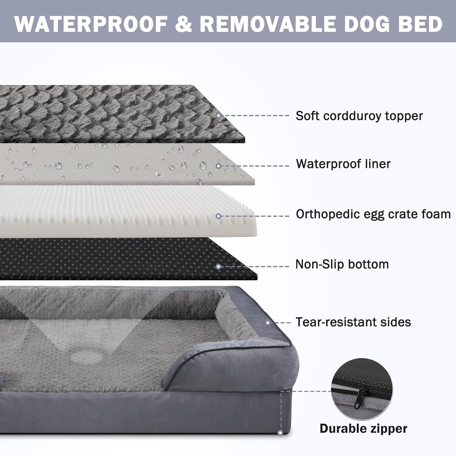 Orthopedic Extra Large Dog Bed, XXL Waterproof Dog Sofa, Egg-Crate Foam Couch with Washable Removable Cover, Waterproof Lining and Nonskid Bottom - Image 4