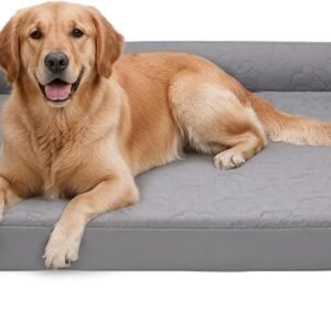 Furhaven Cooling Gel Dog Bed for Large Dogs w/ Removable Bolsters & Washable Cover, For Dogs Up to 95 lbs - Pinsonic Quilted Paw L Shaped Chaise - Titanium, Jumbo/XL