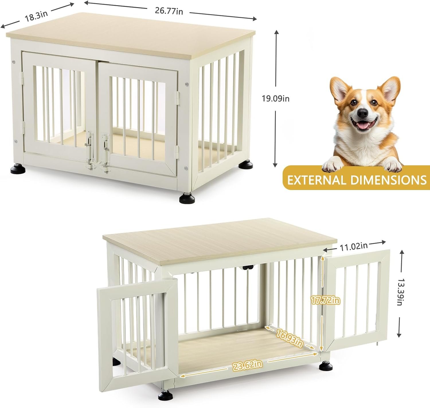 26 Inch Dog Crate Furniture, Heavy Duty Dog Crate for Small Dogs, Indestructible Cage for High Anxiety Dogs with Wooden Table for Indoor Decorative, Escape-Proof Locks & Double Door Cage - Image 3