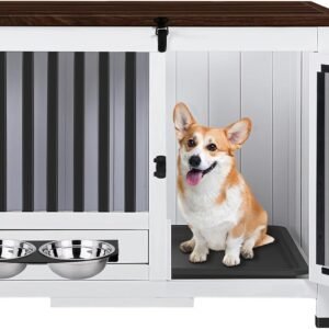 33.3 Inch Wooden Dog Crate Furniture - Multi-Functional Dog Crate Side Table with 360° Swivel Feeder for Small and Medium Dogs with Removable Tray, Easy to Assemble, Easy to Clean